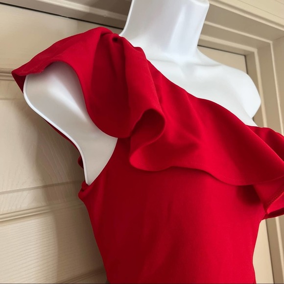 Show Me Your MuMu Florentine red stretch one shoulder ruffle midi dress - Picture 6 of 12